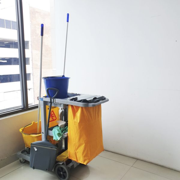 janitorial, cleaning equipment and tools for floor cleaning at the airport terminal with copy space.